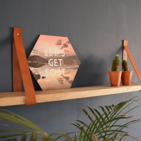 Cognac leren plankdragers met mango plank