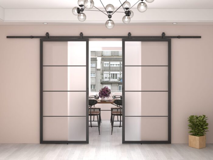 Dubbele stalen schuifdeur Smartline 4-vaks mat glas