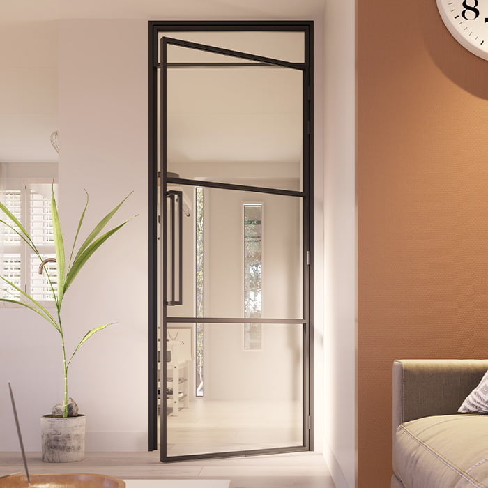 Stalen scharnierdeur met bovenlicht 3 vaks rechtsdraaiend helder glas 231,5 x 93cm (bovenlicht 24,2cm)