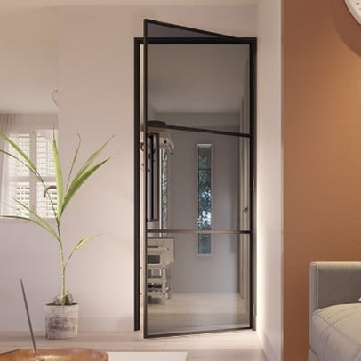 Stalen deur woonkamer Slimline 3-vaks met rookglas van Loftdeur.nl