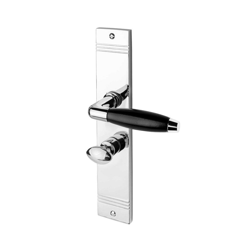 Klassiek geveerde deurklink op schild wc slot glanzend nikkel - Afbeelding 2