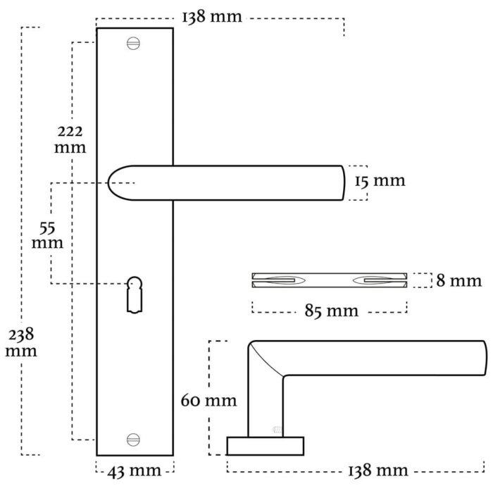 Deurklink Ferro geveerd met schild en sleutelgat 55mm mat zwart - Afbeelding 2