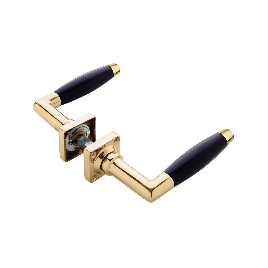 Klassieke geveerde deurklink, vierkant rozet, messing gelakt - Afbeelding 2