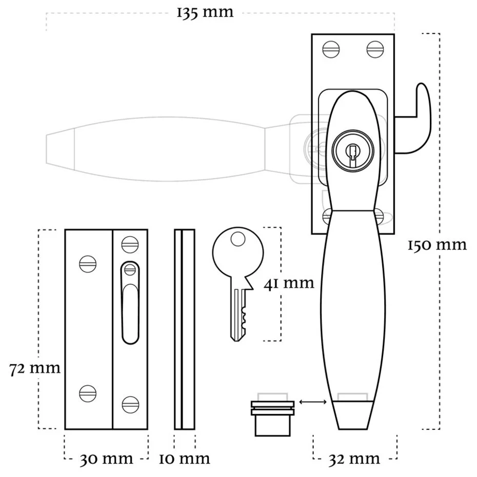 Klassieke raamsluiting met slot, links, messing gelakt - Afbeelding 2